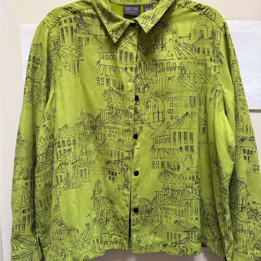 Chico's Additions Lime Green w/ Black Design Shirt/Jacket. Soft like Suede.